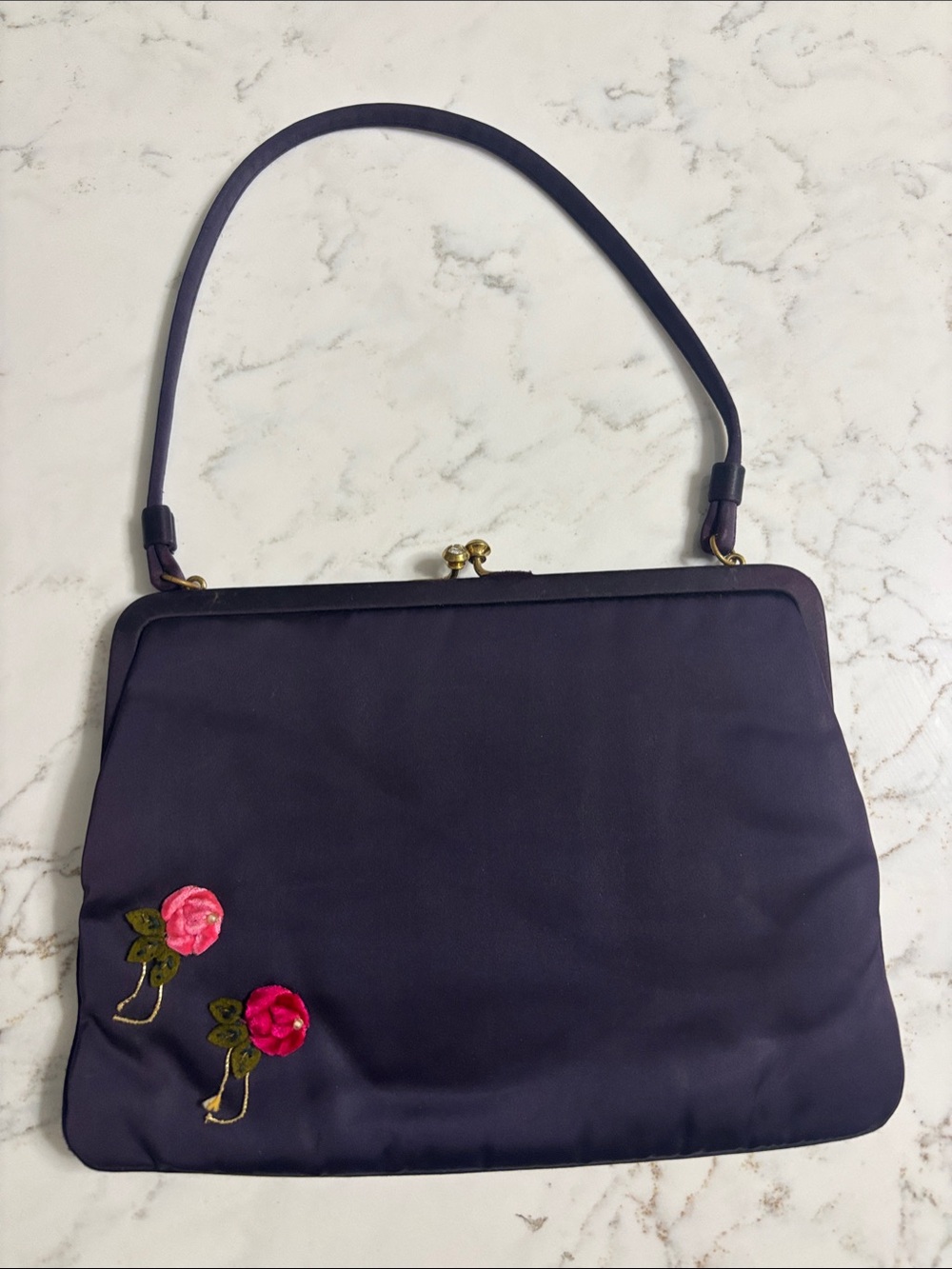 Vintage Women's Bag with Pink Floral Appliqué